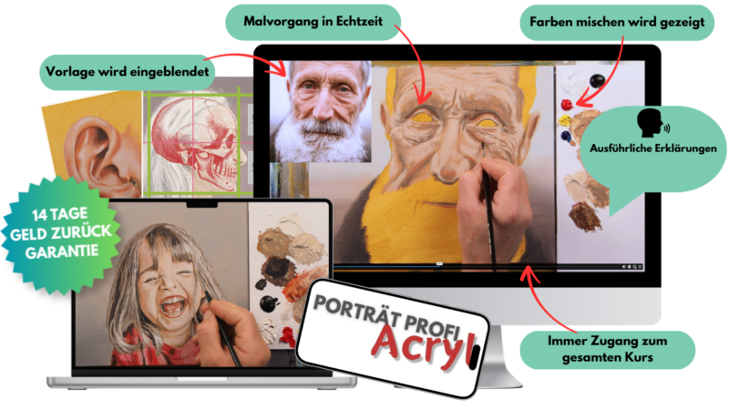 Porträts malen mit Acrylfarben - Onlinekurs Porträtmalerei lernen 1 Porträt-Kurs. Portraits malen mit Acrylfarbe - Malen lernen
