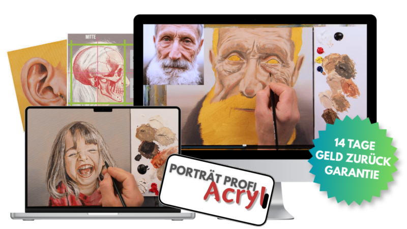 Porträts malen mit Acrylfarben - Onlinekurs Porträtmalerei lernen 8 Porträt-Kurs kaufen - realistisch aussehende Porträts malen lernen