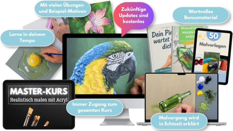 Realistisch malen mit Acrylfarbe - MASTER-KURS 1 Lerne, realistisch aussehende Bilder mit Acryl zu malen. Onlinekurs - Master-Kurs Acrylmalerei. Realistisch malen mit Acrylfarben